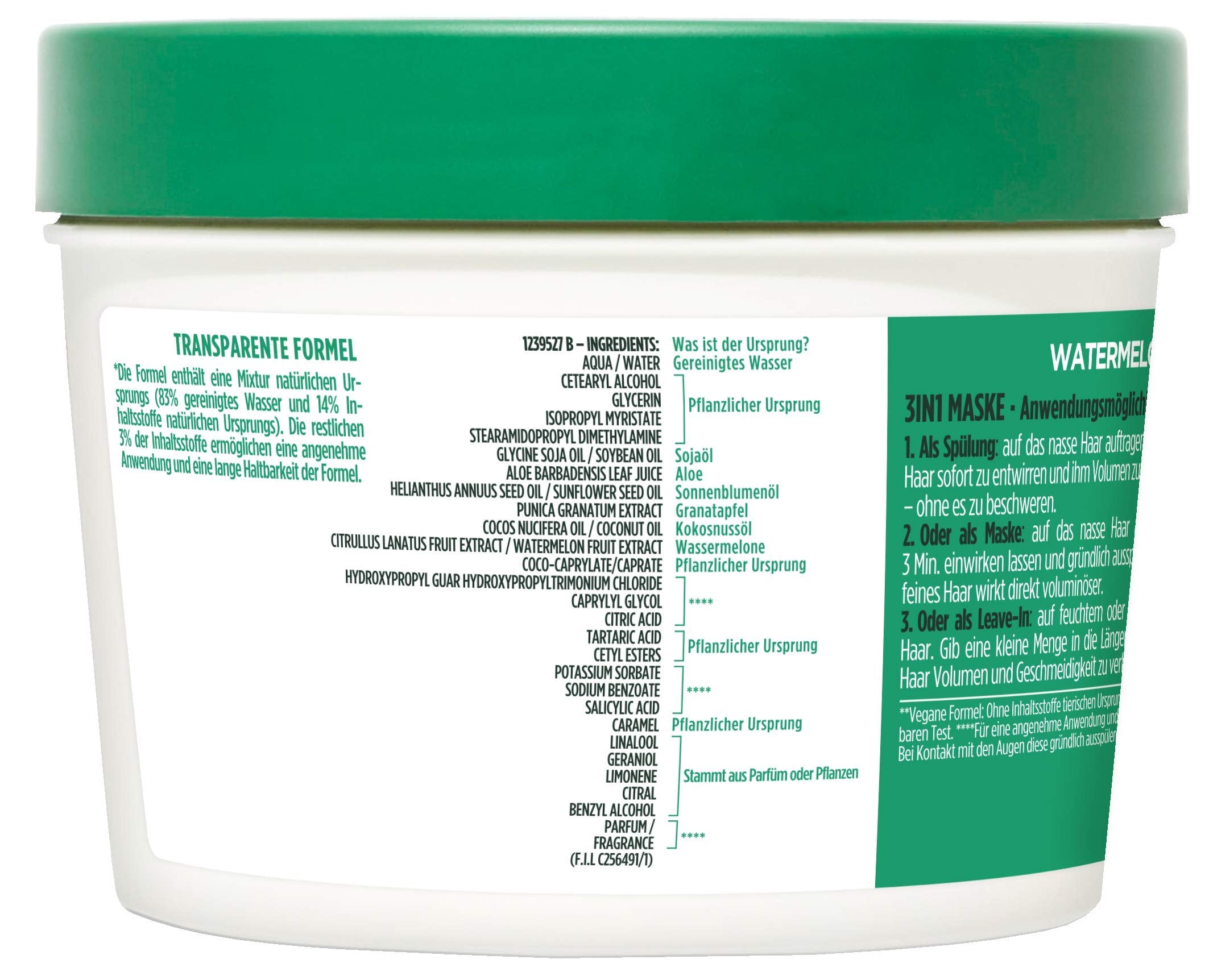Garnier Hair Mask, Watermelon Hairfood, Moisturising 3-in-1 Mask, Gently Detangles Fine Hair and Gives Unrivalled Shine, Fructis, 390 ml